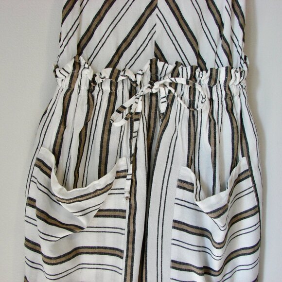Linen Blend Dress Spaghetti Strap Lauren Vidal White Black Tan Stripe Small - Picture 5 of 12